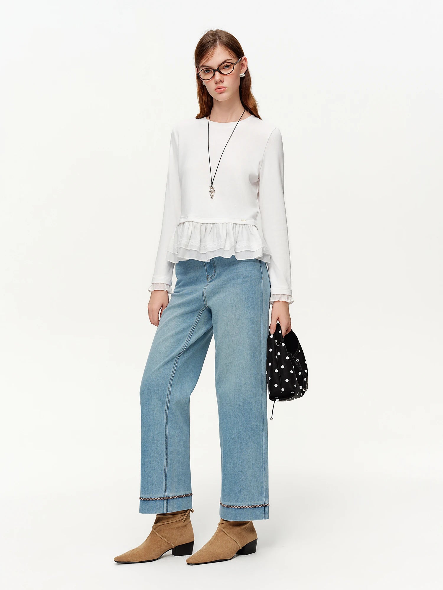 DUSHU Spring Women's Round Neck Ruffle Trim Knitted T-Shirt - Flattering Ribbed Texture Base Layer for Casual and Layering Wear