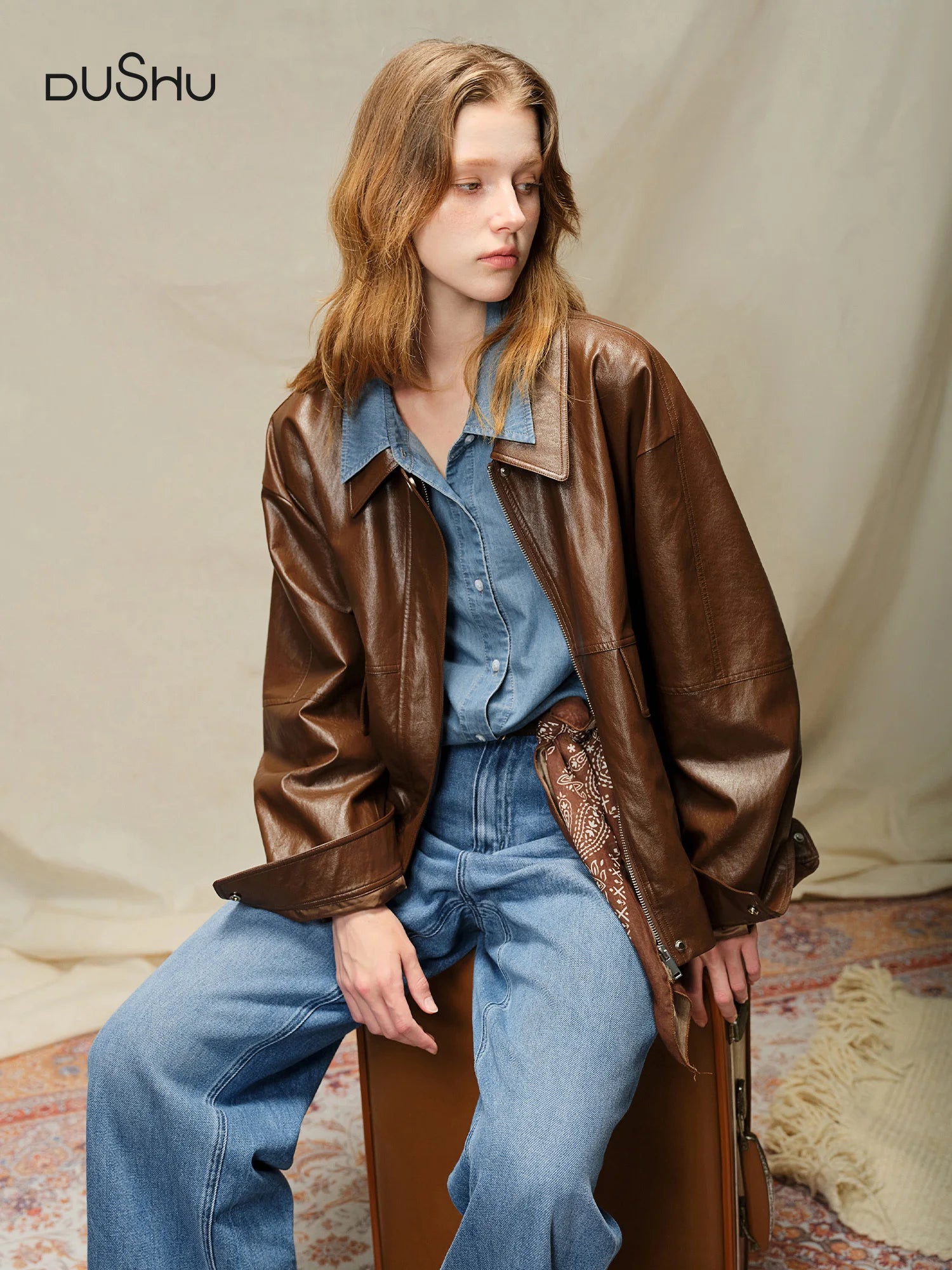 DUSHU Retro Edgy Vibe 2025 Women's Two-Tone Faux Leather Jacket - Vintage Inspired Cropped Biker Coat for Office Casual