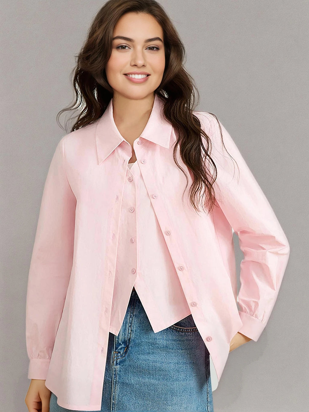 DUSHU 100% Cotton Women Pink Blouse Tops Fake Two Design Polo Neck Long Sleeve Top 2025 Spring Casual Shirt 25DS81122