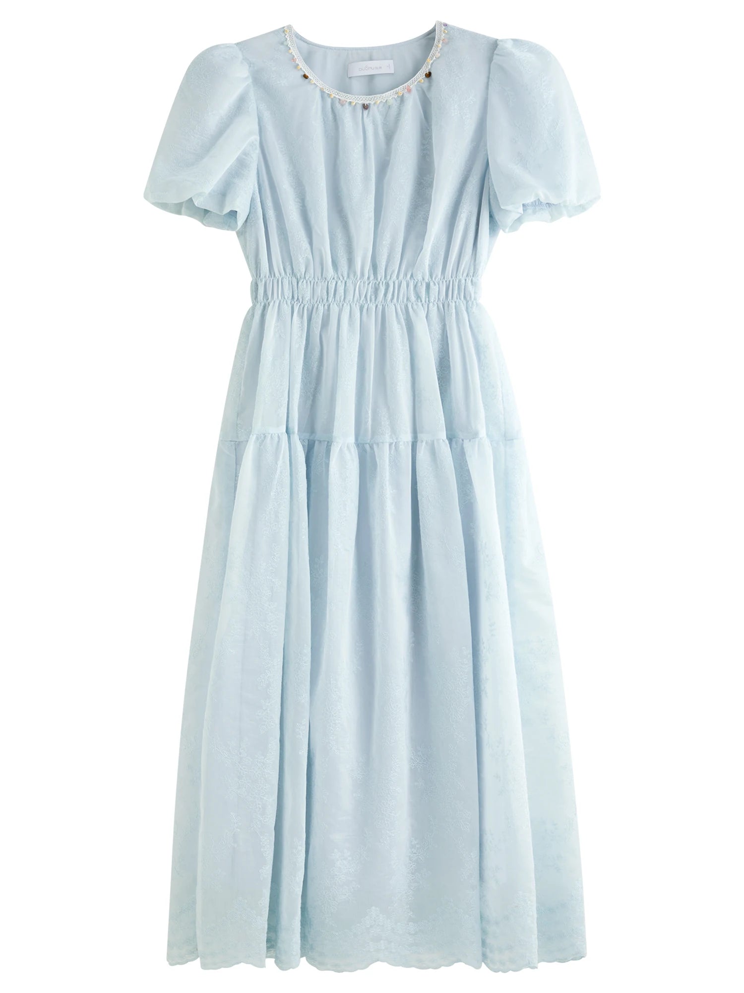 DUSHU Holiday Season Women Embroidered Long Dress 2025 Summer New Arrival Lantern Puff Sleeve High Waist Slim Dress 25DS82746