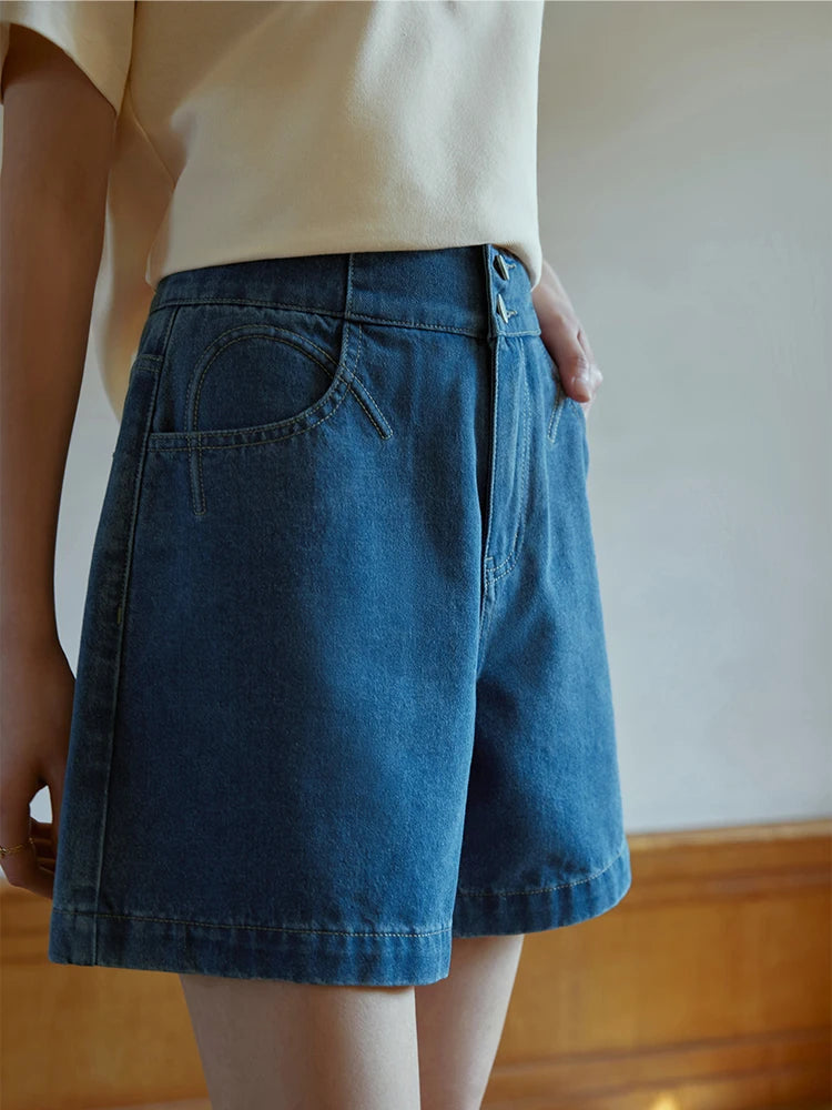 DUSHU Women Denim Shorts High Waist A-LINE Summer Women Shorts Two Button Decoration White Denim Jean Loose Black Shorts