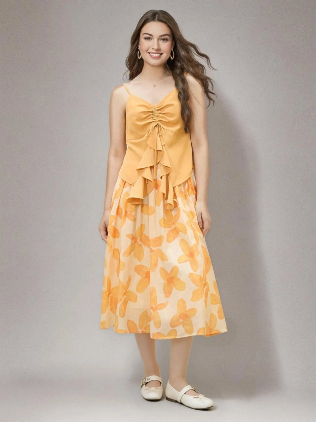 DUSHU Plus Size Romantic Art Orange Flower Umbrella Skirt For Women 2025 Summer Floral Fashion High Waist Skirt 25DS82081