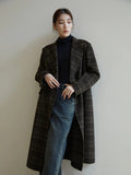 DUSHU 69.6% Wool Temperament British Style Women Long Plaid Wool Coats Notched Coolar Double Breasted Front Shoulder Female Coat