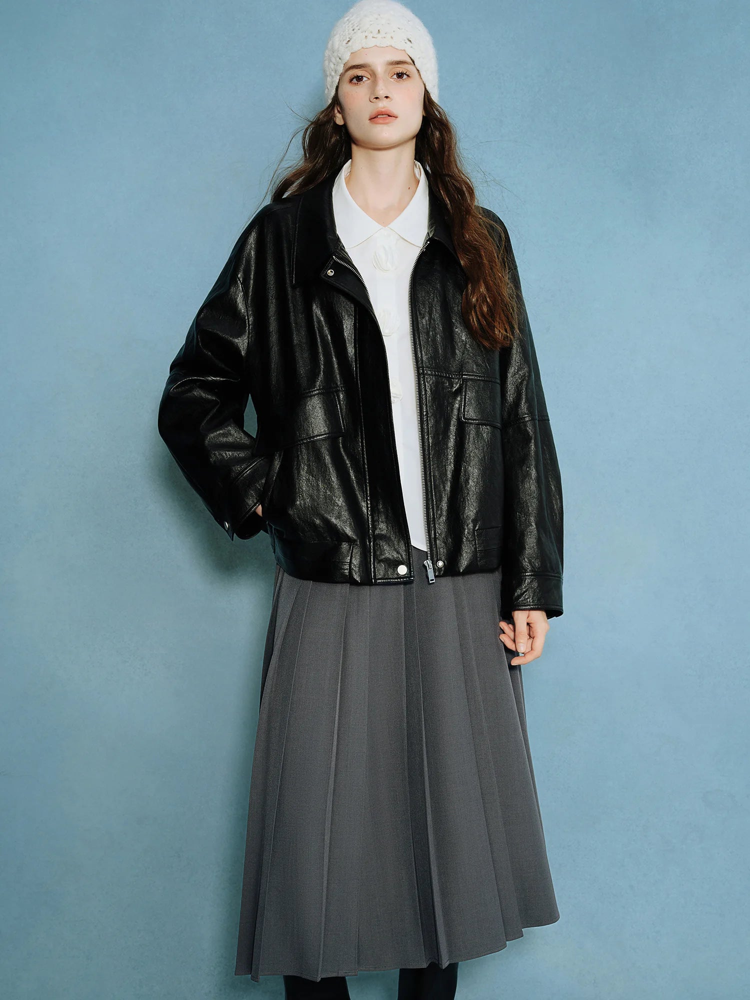 DUSHU Retro Edgy Vibe 2025 Women's Two-Tone Faux Leather Jacket - Vintage Inspired Cropped Biker Coat for Office Casual