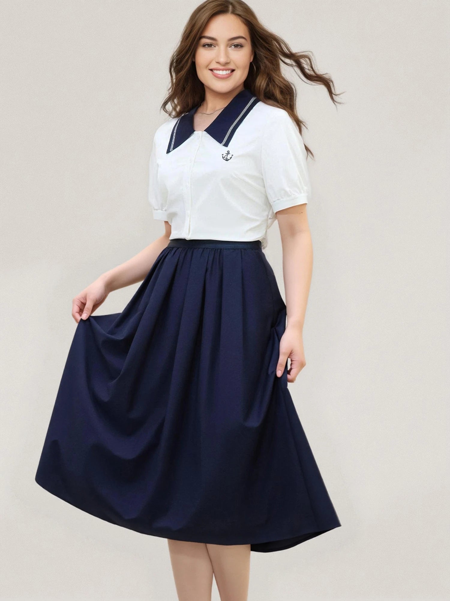 DUSHU Plus Size Versatile Navy Blue College Style 2025 Summer New High Waist Casual Umbrella Hem Mid-length Skirt 25DS82039