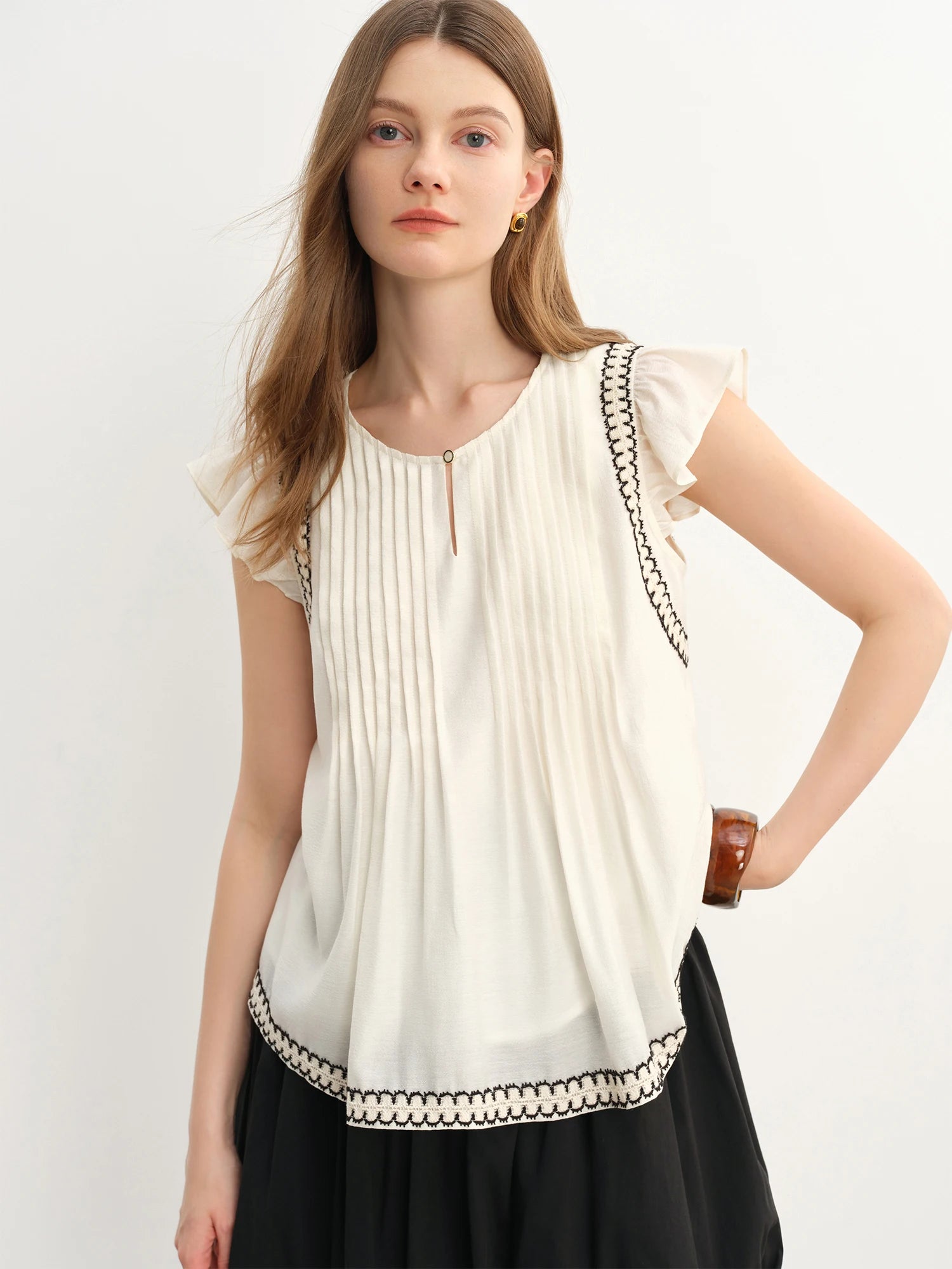 DUSHU Women's Small Flying Sleeve Round Neck Sweet Tops Women 2025 Summer New Versatile Short-sleeved Acetate Shirt 25DS82698