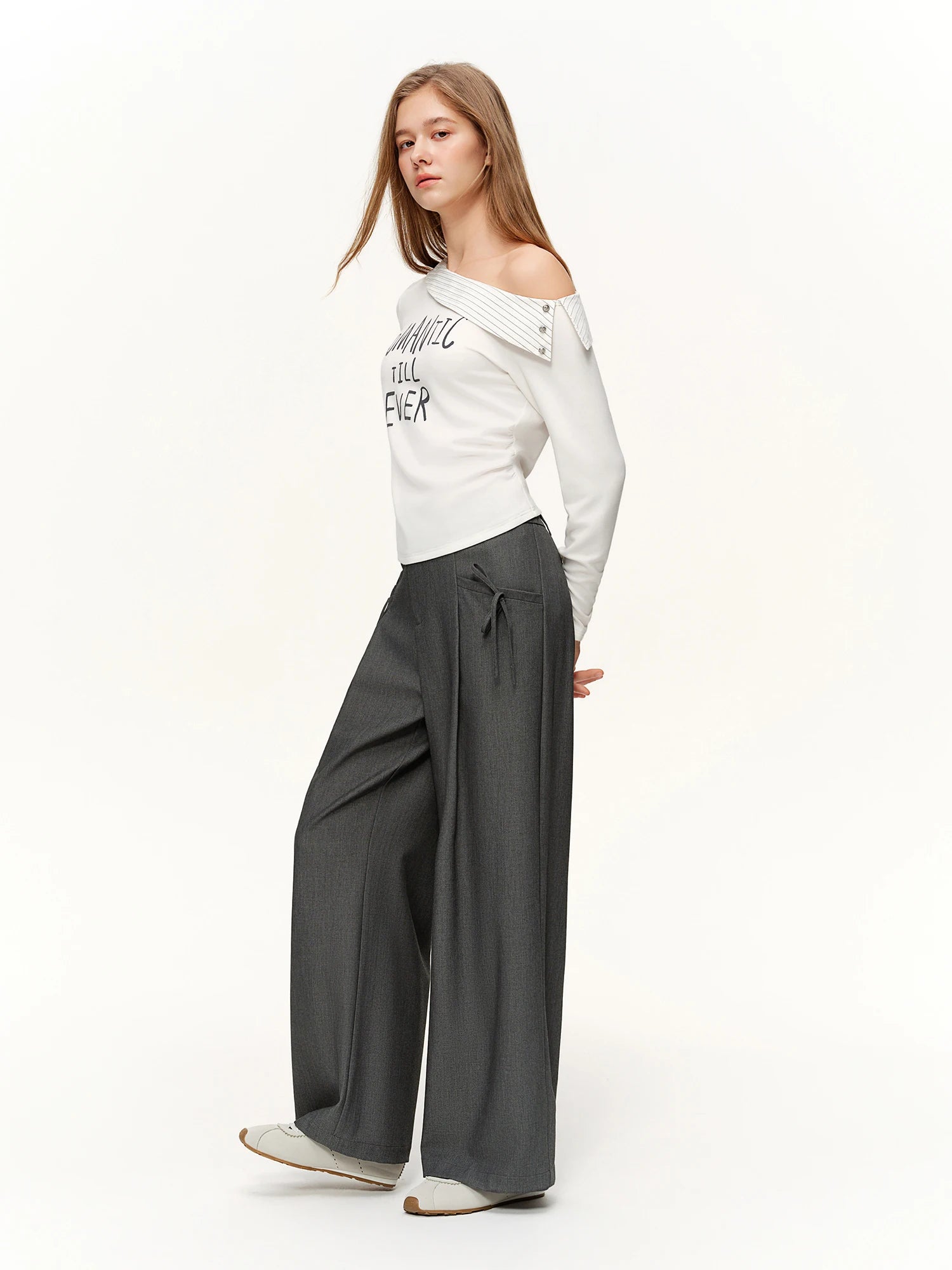 DUSHU 2026 Spring Women's Stripe Panel High Waist Straight Leg Pants - Elegant Casual Trousers with Contrast Trim for Daily