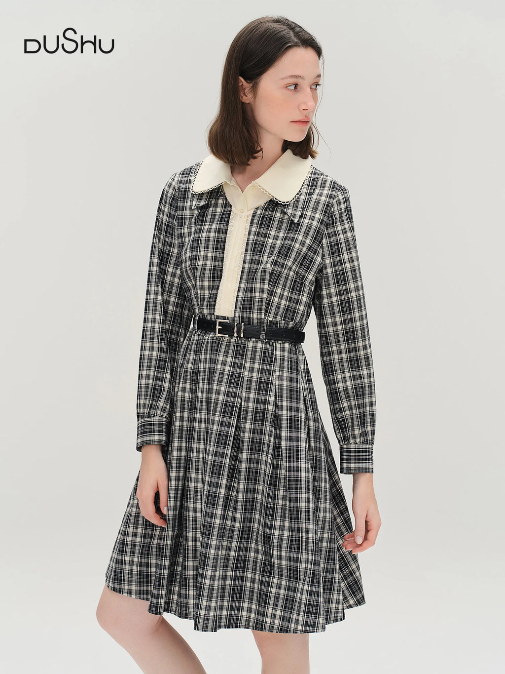 DUSHU Lace Peter Pan Collar Plaid Dress Women 2025 Autumn New Style Long Sleeve Knee Length Vintage Girlish British Style