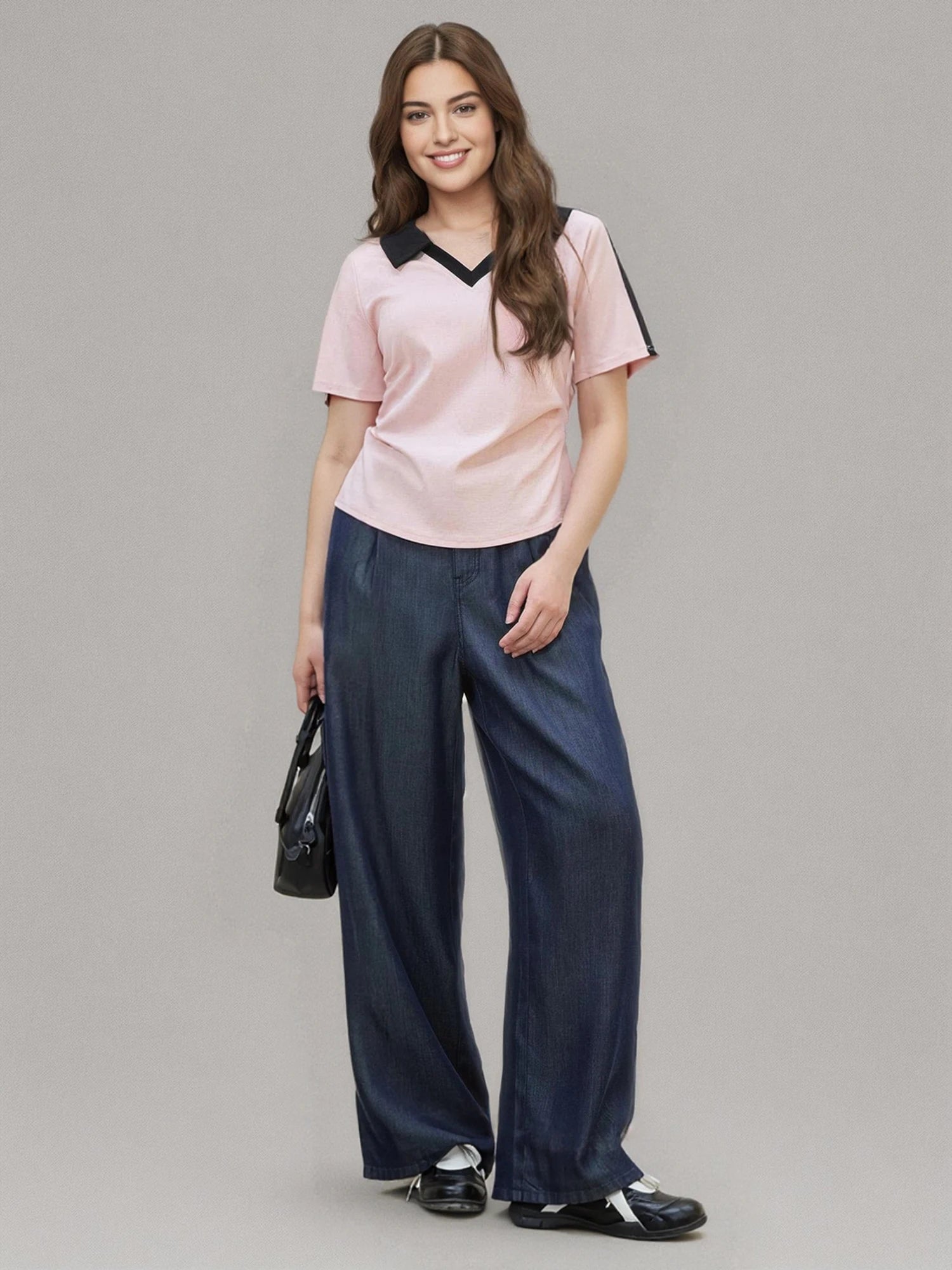 DUSHU Women Summer V-Neck Turn-down Collar Pink T-Shirt Letter Printing Female Slim Cotton Short Sleeve Tops Beige Tee 25DS82118