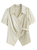 DUSHU 2025 Summer Women's Curve-Flattering Wrap-Front Shirt - V-Neck Striped Design & Breathable Fabric for Office Chic