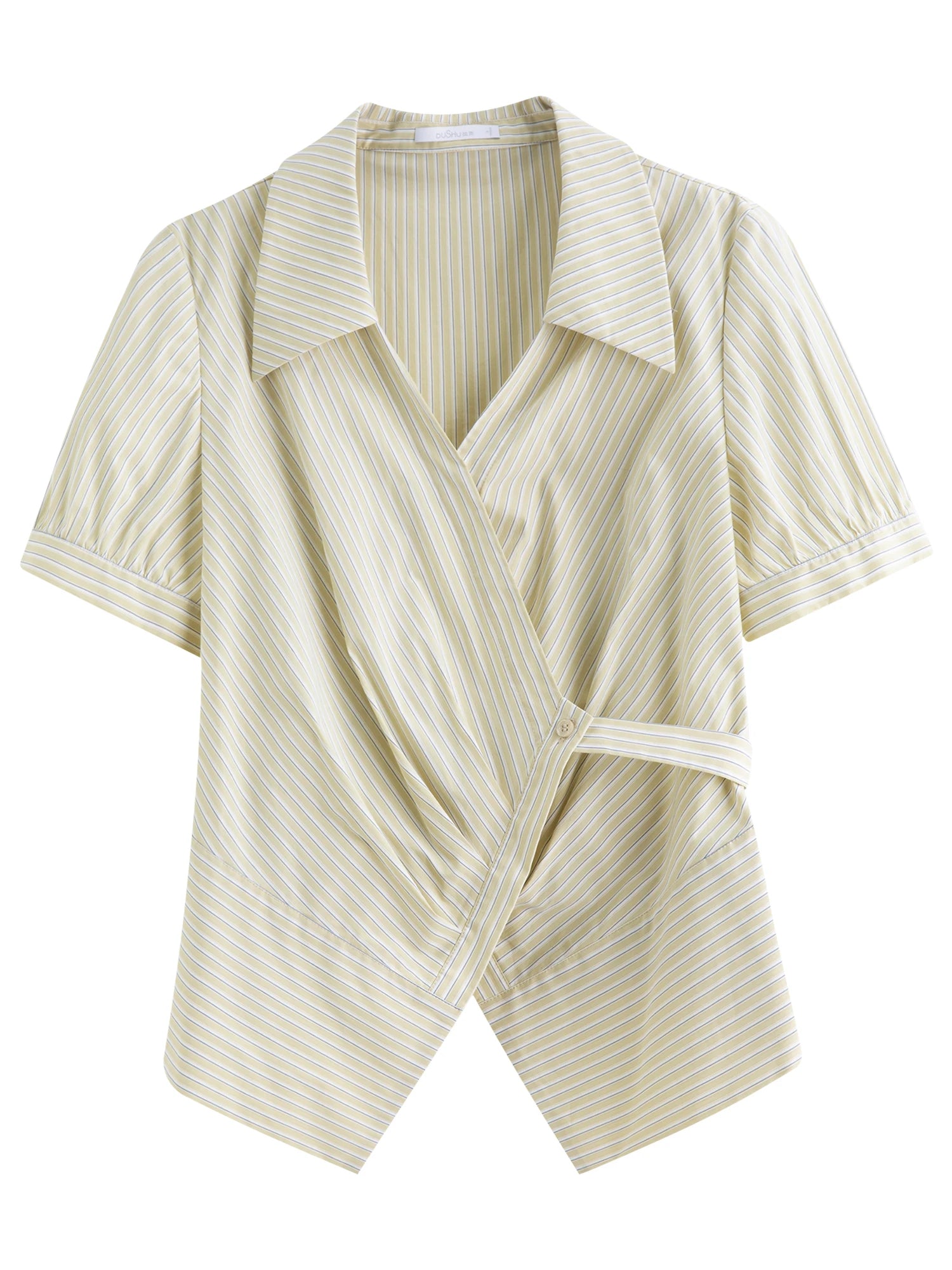 DUSHU 2025 Summer Women's Curve-Flattering Wrap-Front Shirt - V-Neck Striped Design & Breathable Fabric for Office Chic