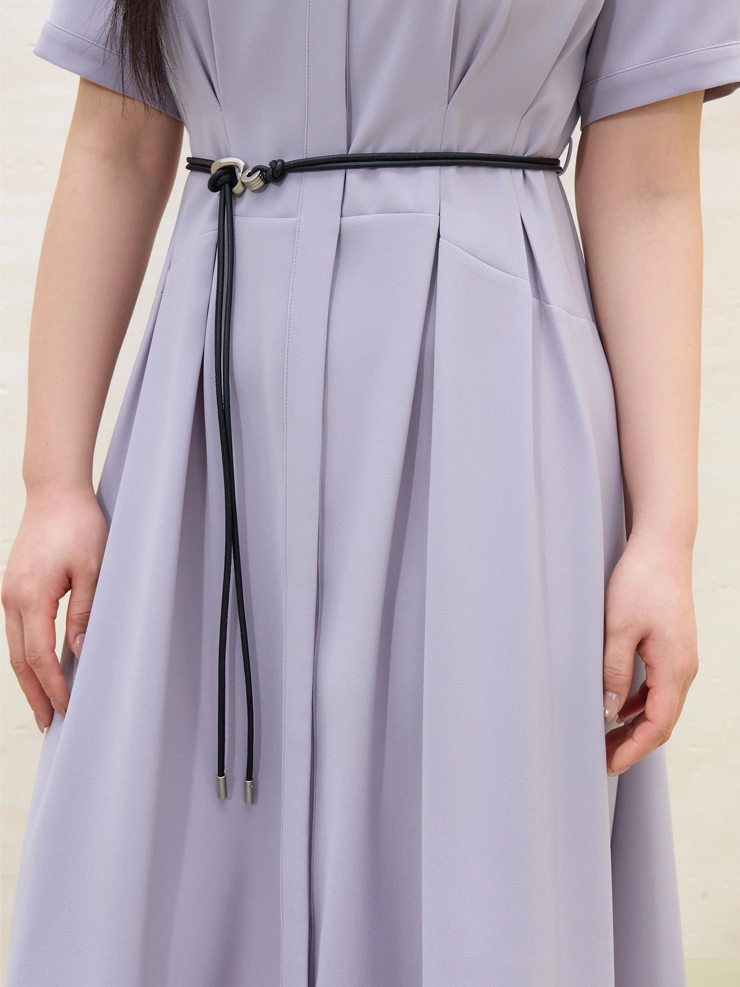 DUSHU【3 Colors】Women Turn-down Collar Shirt Dresses Pleated Design High Waist Commuter Long Dress Without Sashes 25DS82467
