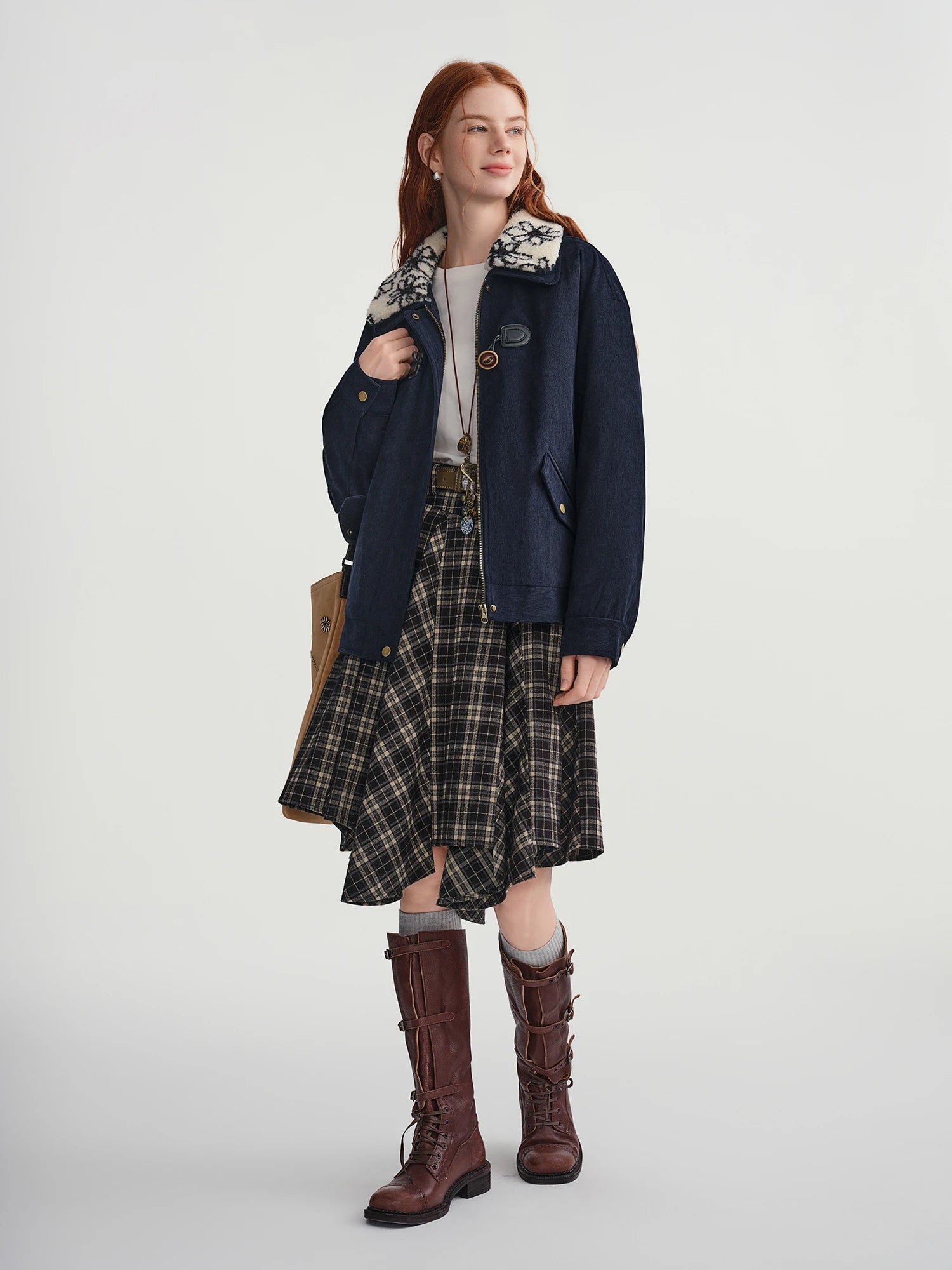 DUSHU Plus-Size Women's Shearling Collar Corduroy Lined Mid-Classic Blue Tone Jacket Fall-Winter 2025 New Arrival Coat Jackets
