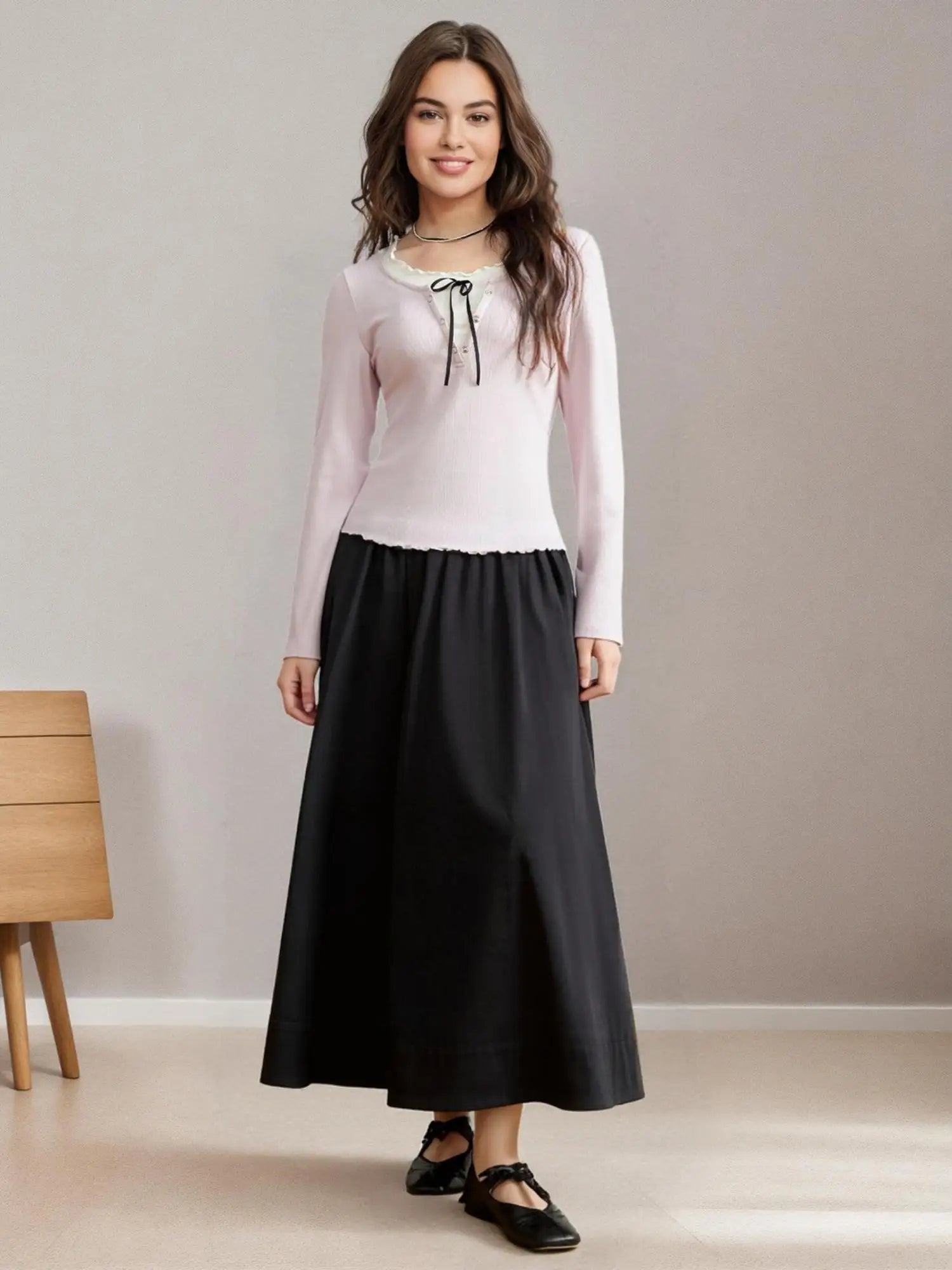 DUSHU Plus Size Women Sweet U-neck Ruffled Stitching Fake Two-piece Top 2025 Spring Knitted Casual Loose T-shirt 25DS81194