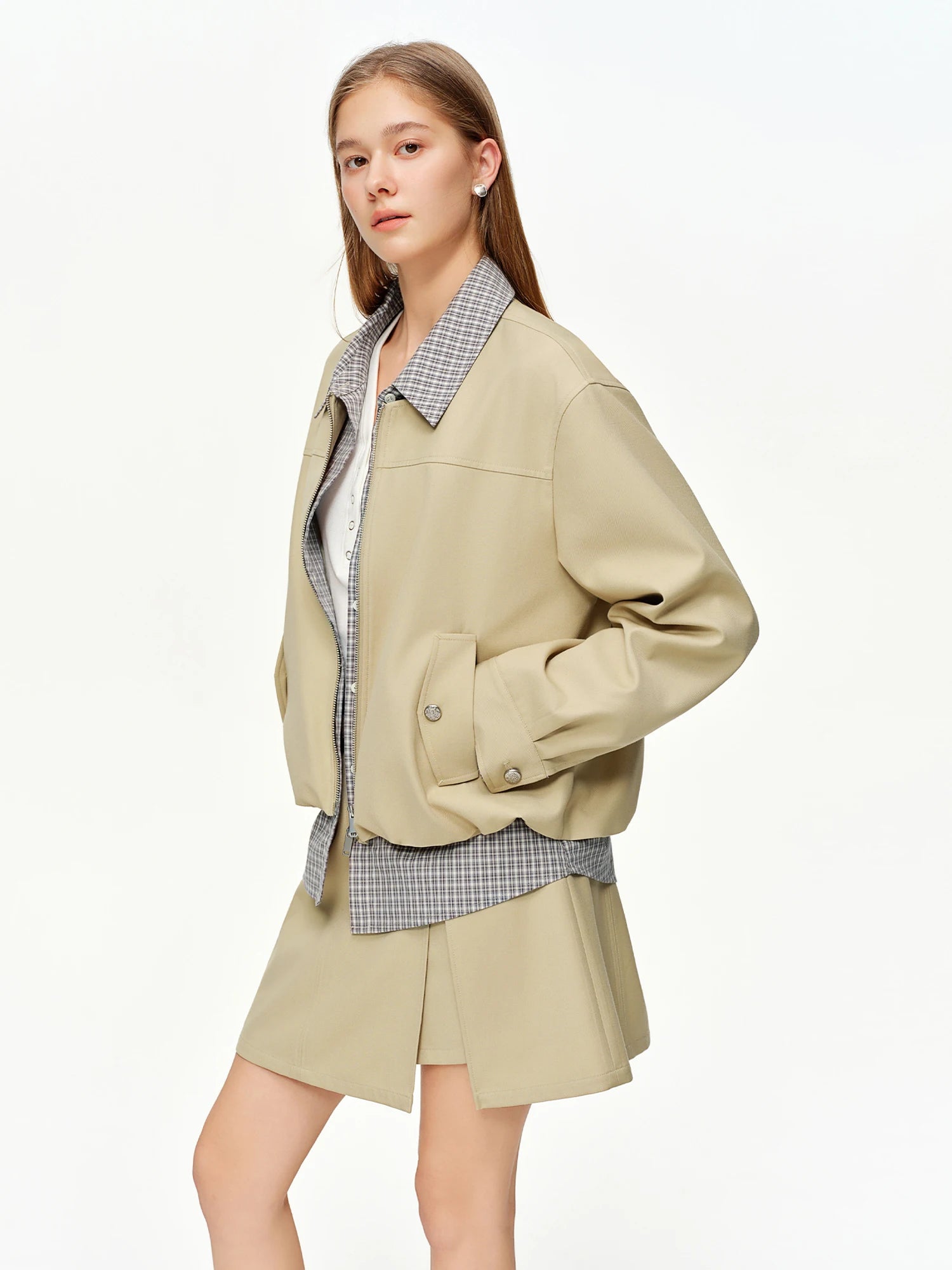 DUSHU 2025 Spring Women Faux Two-Piece Plaid Panel Short Jacket - Retro Flattering Fit Cropped Outerwear for Casual Daily Wear