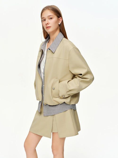 DUSHU 2025 Spring Women Faux Two-Piece Plaid Panel Short Jacket - Retro Flattering Fit Cropped Outerwear for Casual Daily Wear