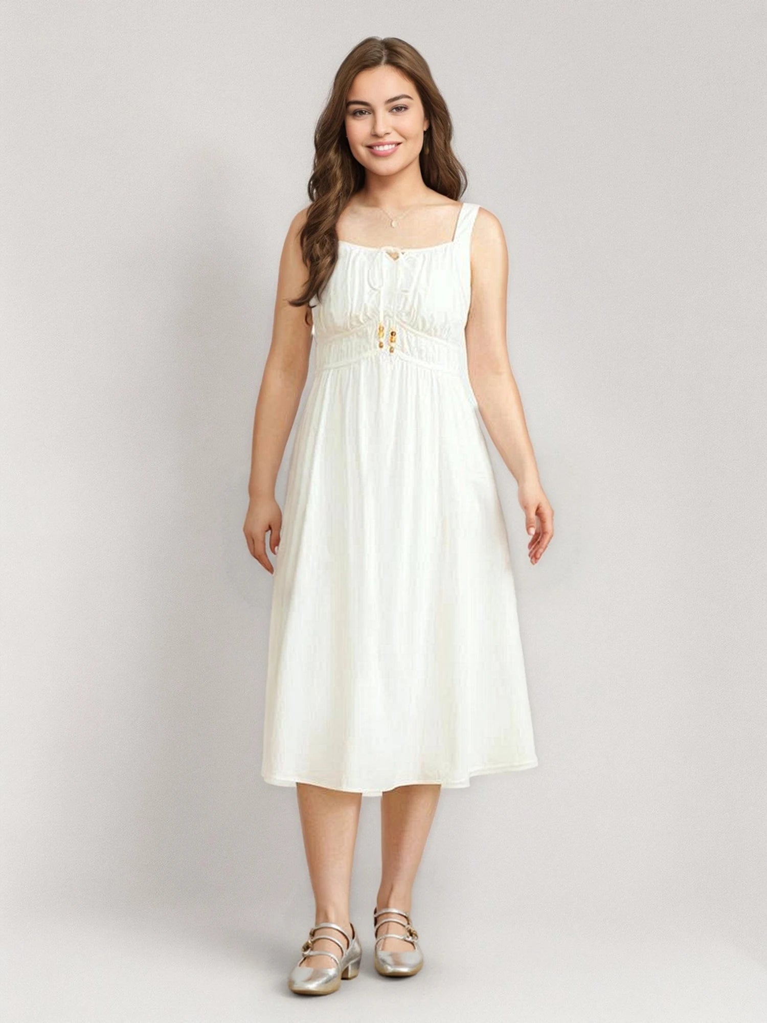DUSHU French Style Beaded Strappy Suspender Dress For Women 2025 Spring Summer Pear-shaped Fresh Sleeveless Long Skirt 25DS81213