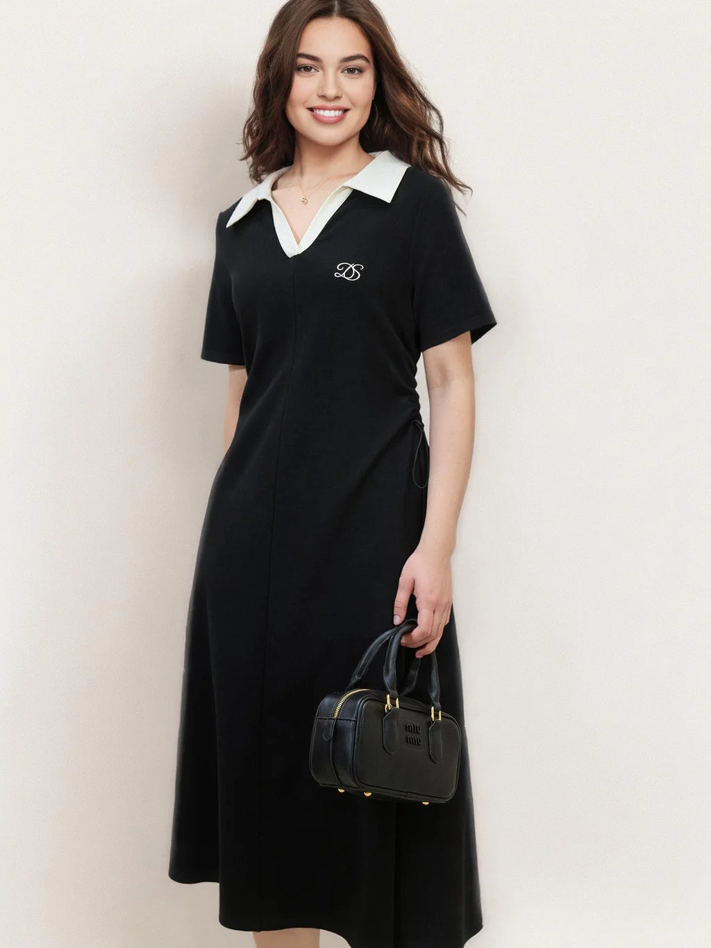 DUSHU 2025 Summer Plus Size Women's Color Block Collar Adjustable Waist Dress - Slimming Black Casual Polo-Inspired Maxi Outfit