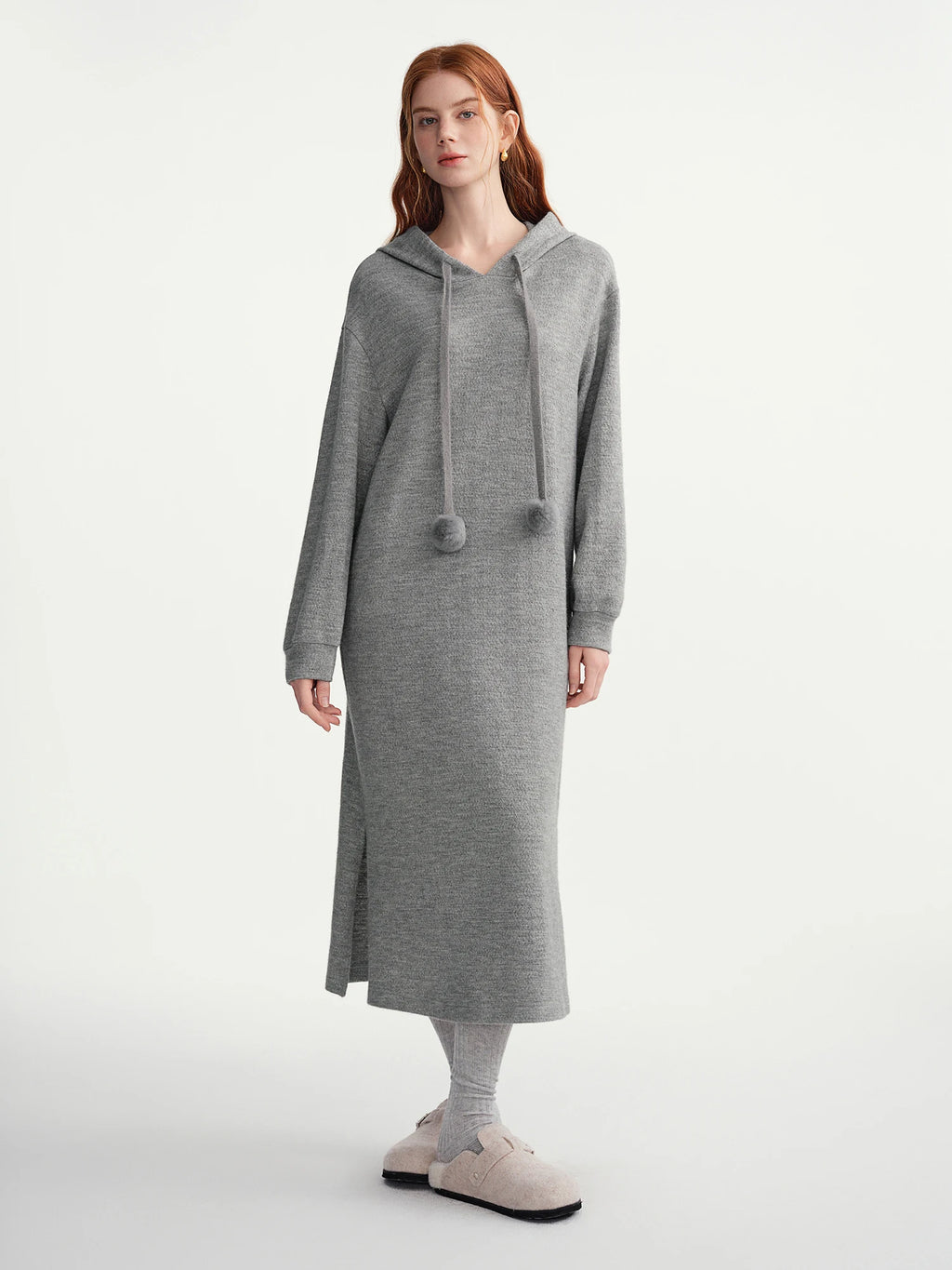 DUSHU 2025 Winter Women's Pom Pom Hooded Knit Dress with Drawstring Waist - Casual Long Sleeve Tunic Dress for Daily Wear