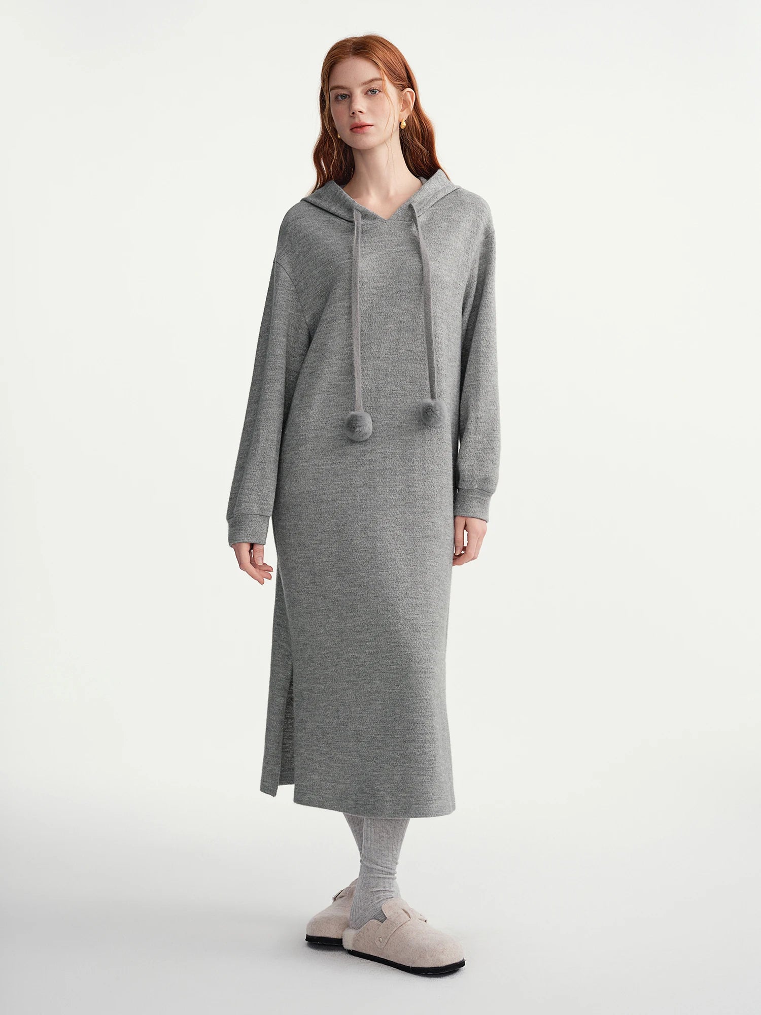 DUSHU 2025 Winter Women's Pom Pom Hooded Knit Dress with Drawstring Waist - Casual Long Sleeve Tunic Dress for Daily Wear