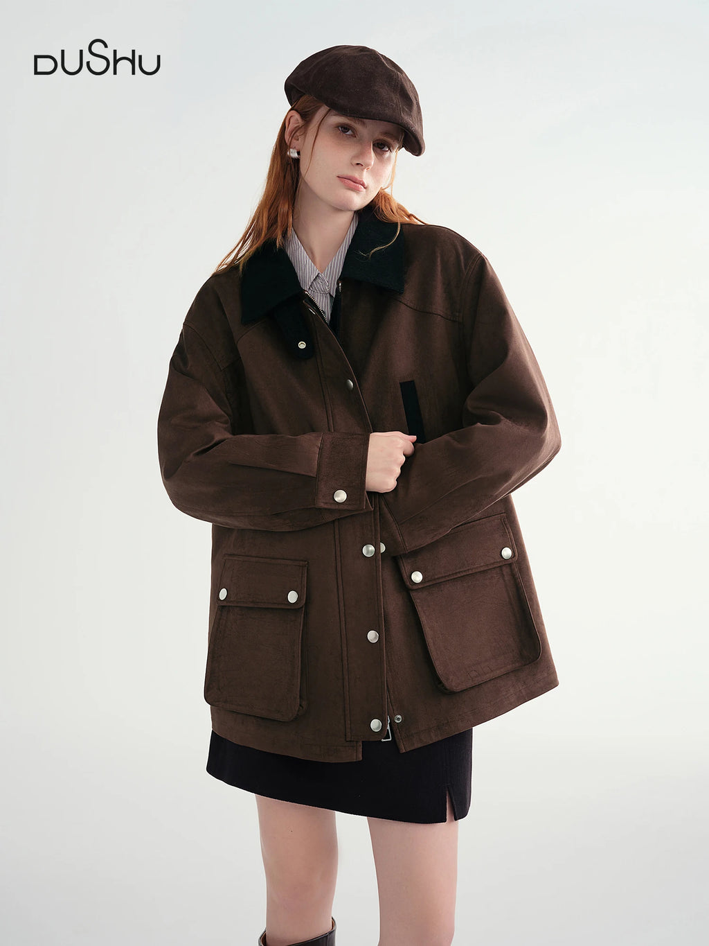DUSHU Contrast Color Cropped Jacket Turn Down Collar Loose Autumn and Winter Jacket British Style Retro Coffee Chic