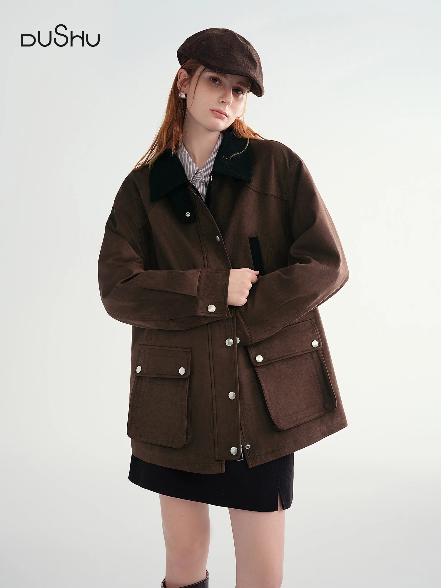 DUSHU Contrast Color Cropped Jacket Turn Down Collar Loose Autumn and Winter Jacket British Style Retro Coffee Chic