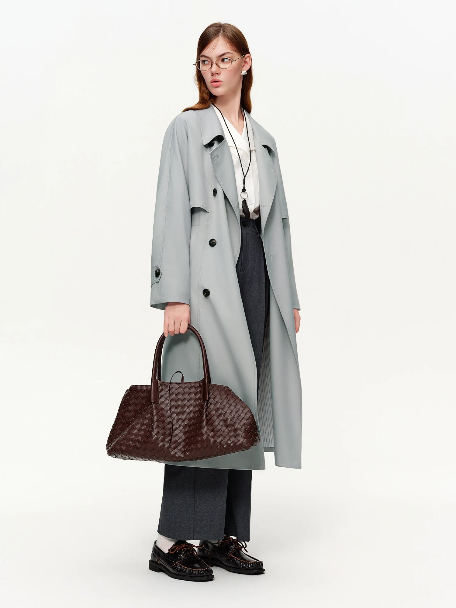 DUSHU Classic Khaki Double Breasted Long Trench Coat - Spring Oversized Lapel Coat with Belted Waist for Casual and Office Wear