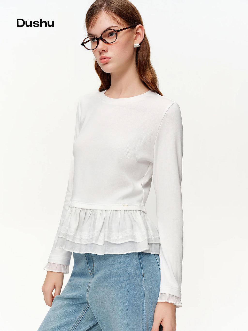 DUSHU Spring Women's Round Neck Ruffle Trim Knitted T-Shirt - Flattering Ribbed Texture Base Layer for Casual and Layering Wear