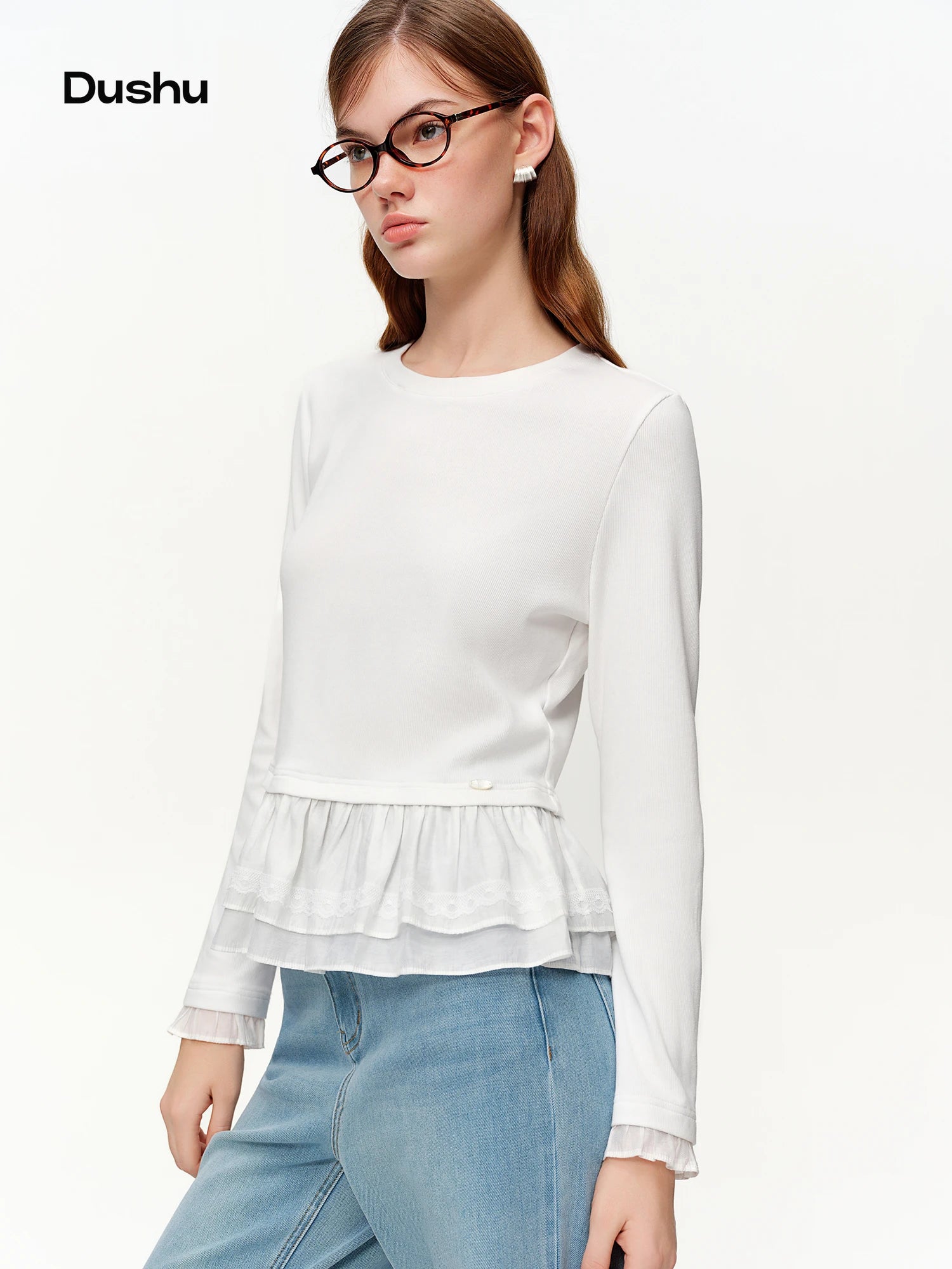 DUSHU Spring Women's Round Neck Ruffle Trim Knitted T-Shirt - Flattering Ribbed Texture Base Layer for Casual and Layering Wear
