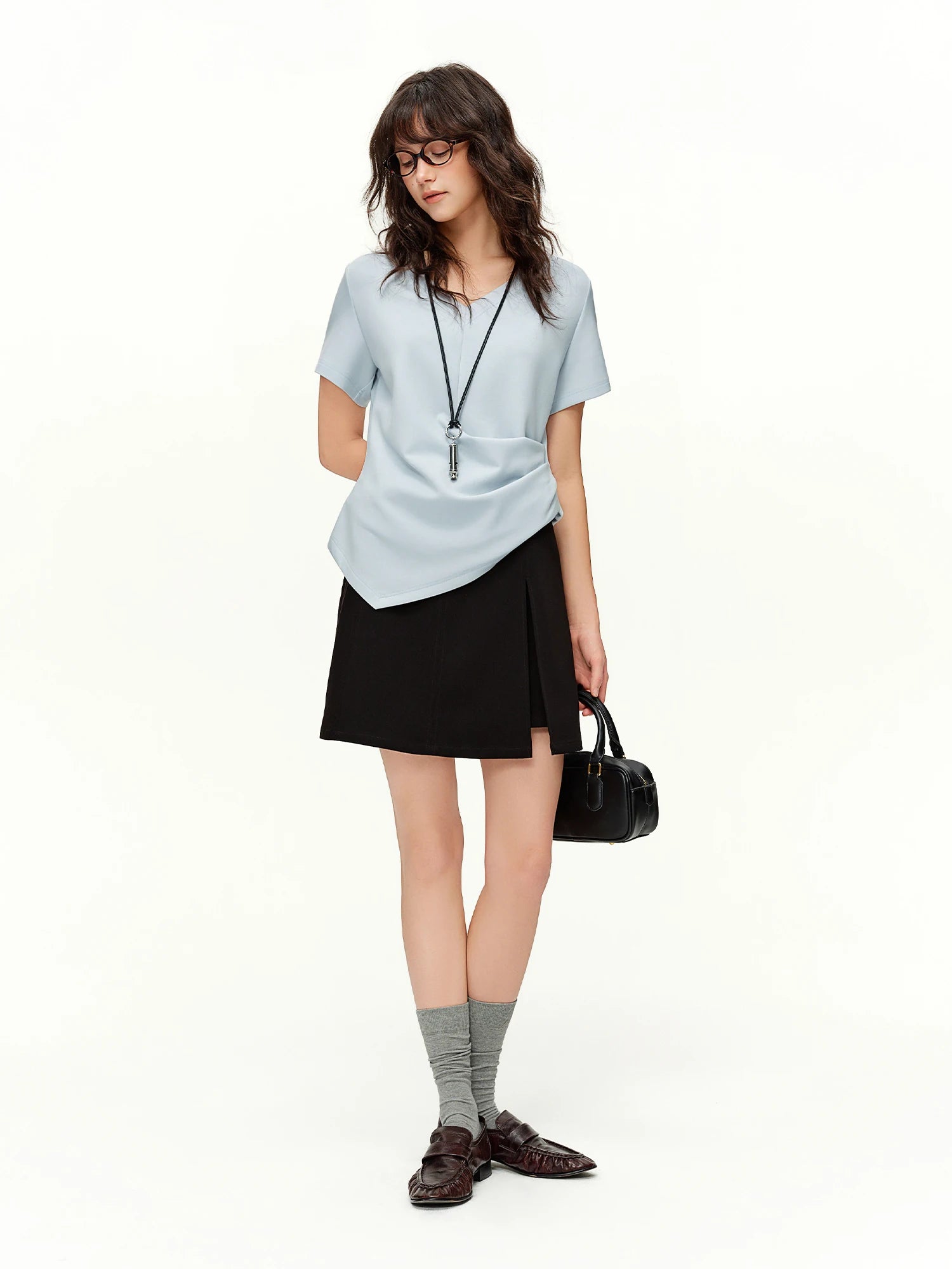 DUSHU Women's Pleated Waist-Defining Asymmetrical T-Shirt: 2026 Spring New Versatile Fitted Short Sleeve Top Essentials V-neck