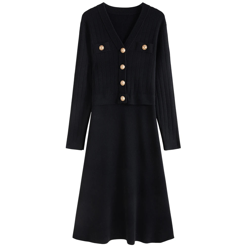 DUSHU Women's Fake Two-piece Knitted Long Dress 2024 Winter New Product Commuting Medium Long Dress for Women 24DS84154