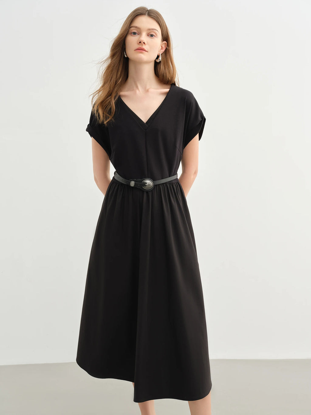DUSHU Plus-size Women Elegant Double-layer V-neck Waist-defining Dress 2025 Summer New Arrival Fashionable Office Wear 25DS82642