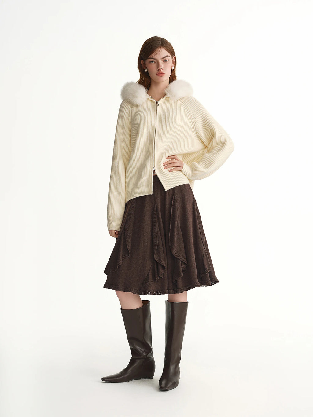 DUSHU 2025 Winter Women's Detachable Faux Fur Hooded Knit Cardigan - Long Sleeve Open Front Cozy Sweater for Casual Outerwear