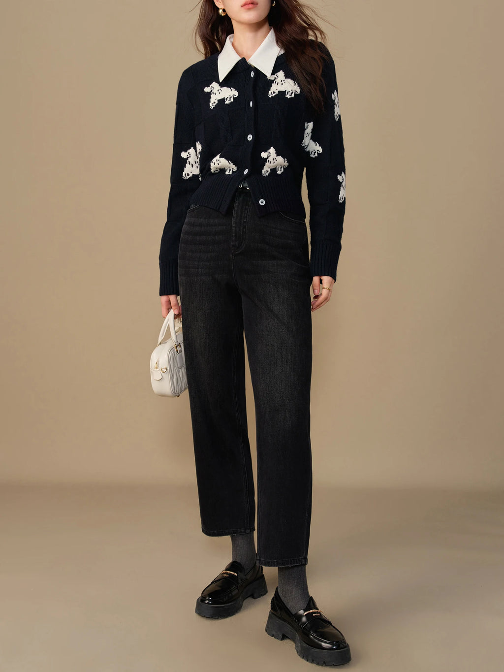 DUSHU【2 Colors】Women Winter Thicken Jeans Cotton Elastic Tapered Cropped Trousers High Waist Denim Black Female Jeans 24DS84165
