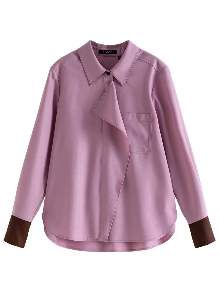 DUSHU 50.2% Wool Pink Temperament Straight Women Winter Blouses Ruffle Edge Design Front Shoulder Shirts Contrasting Cuff Tops