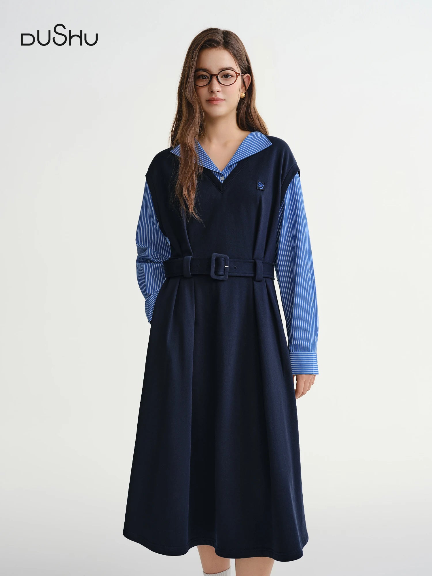 DUSHU Plus-size Women's Lazy Divine Waist-defining Sweatshirt Dress New Autumn/Winter 2025 Oversized Comfort Fit Long Sleeves