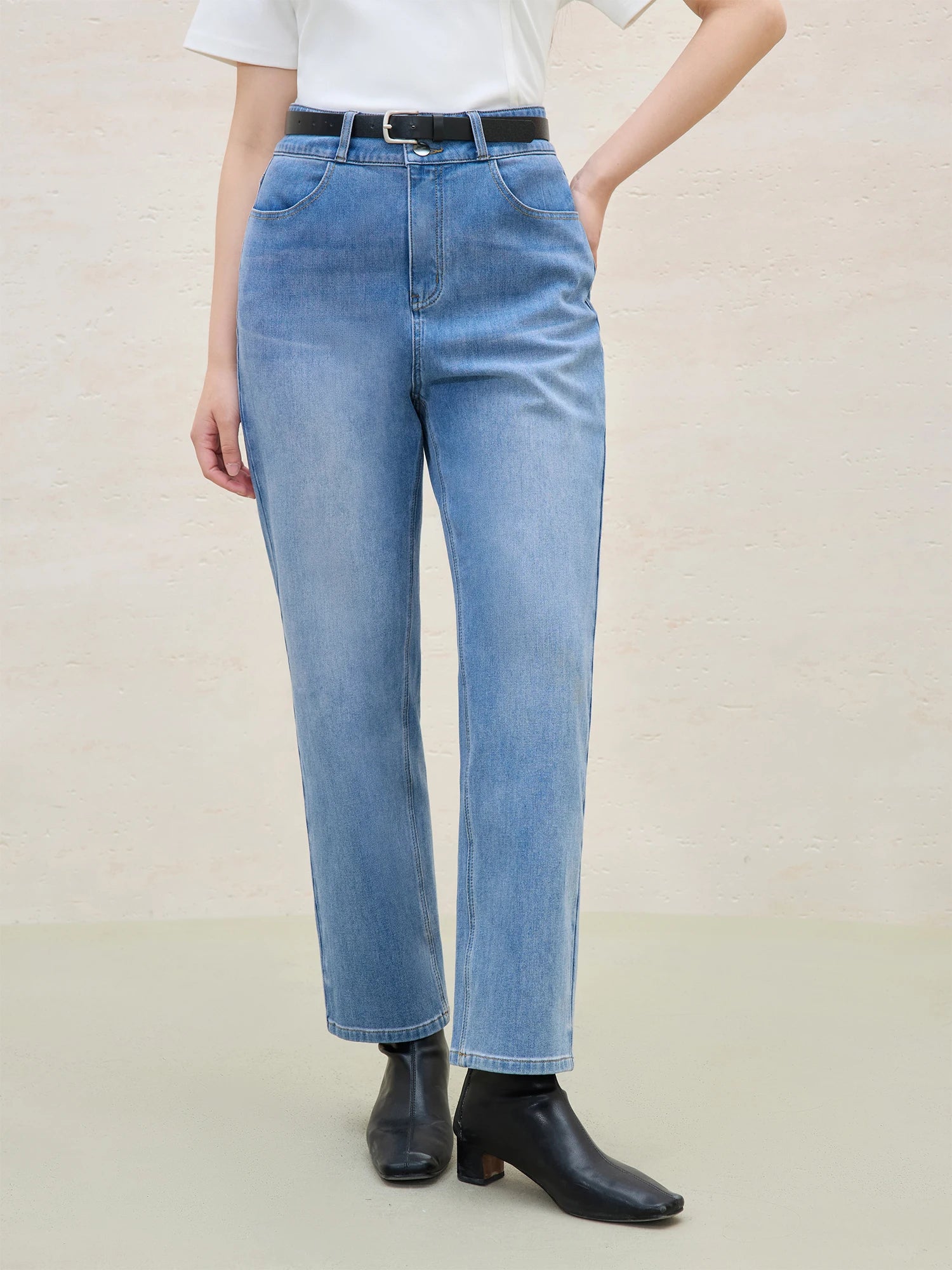 DUSHU MInimalism Style Blue High Waist Tapered Jeans For Women 2025 Slim Comfortable Elastic Chic Slim Long Pants 25DS82117