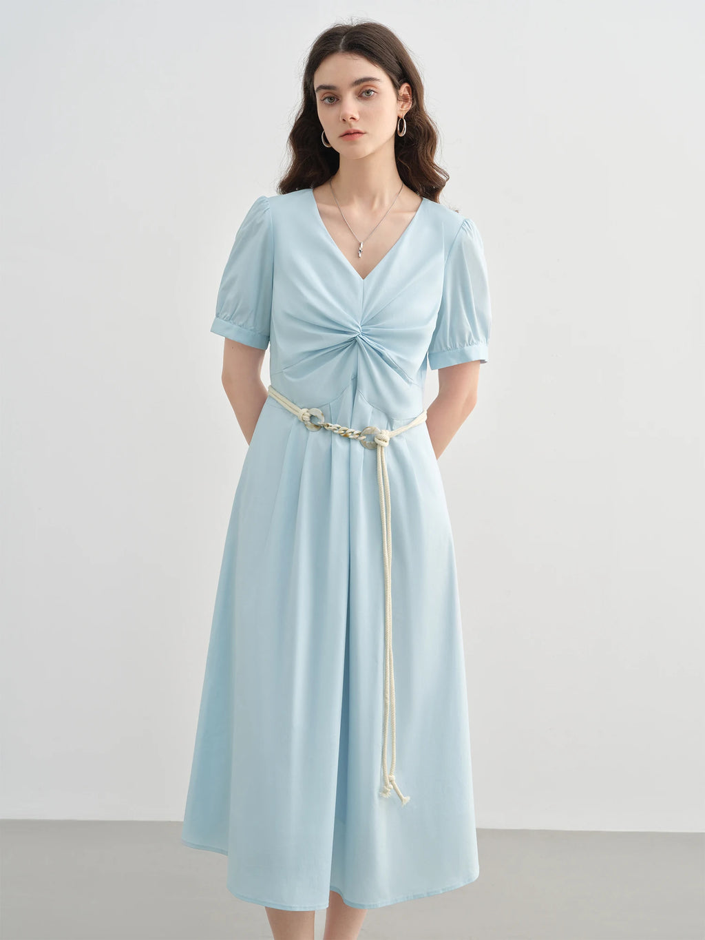DUSHU 2025 Summer Plus-Size French-Inspired Textured Dress - Elegant Puff Sleeves & Waist Twist Design 25DS82299