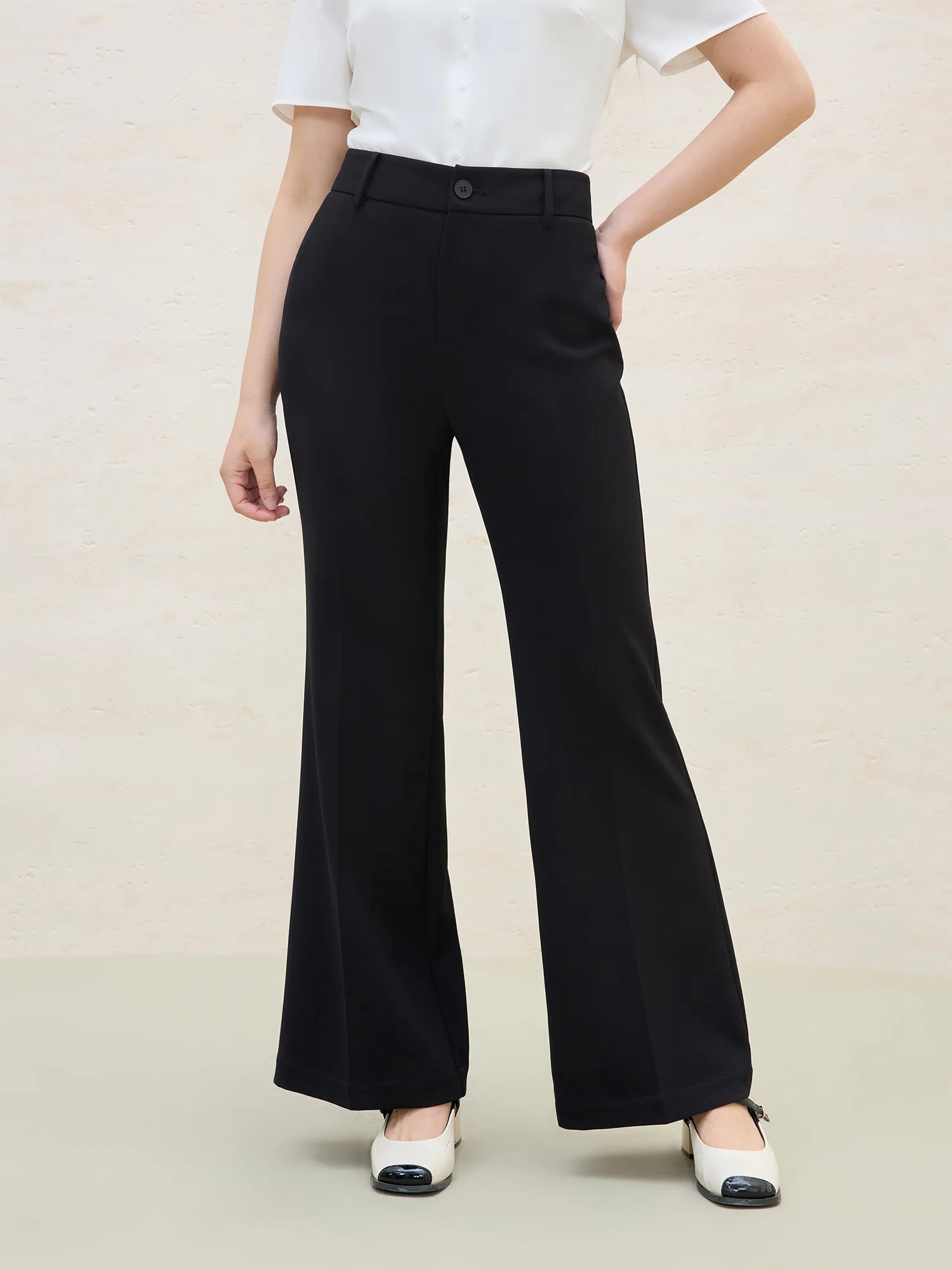 DUSHU Office Lady Black Boot Cut Pant 2025 Summer New High Waist Commuter Women Polyester Casual Trousers 25DS82089