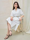 DUSHU Plus Size Women Minimalist V-neck Pleated Sleeve Dress 2025 Summer New Temperament Commuting Workplace Wear 25DS82356