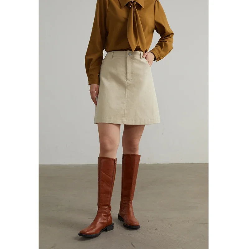 DUSHU Corduroy Retro High Waist Skirt Women Autumn Winter Back Slit Commuter Casual Solid Color Length-option Female Skirts