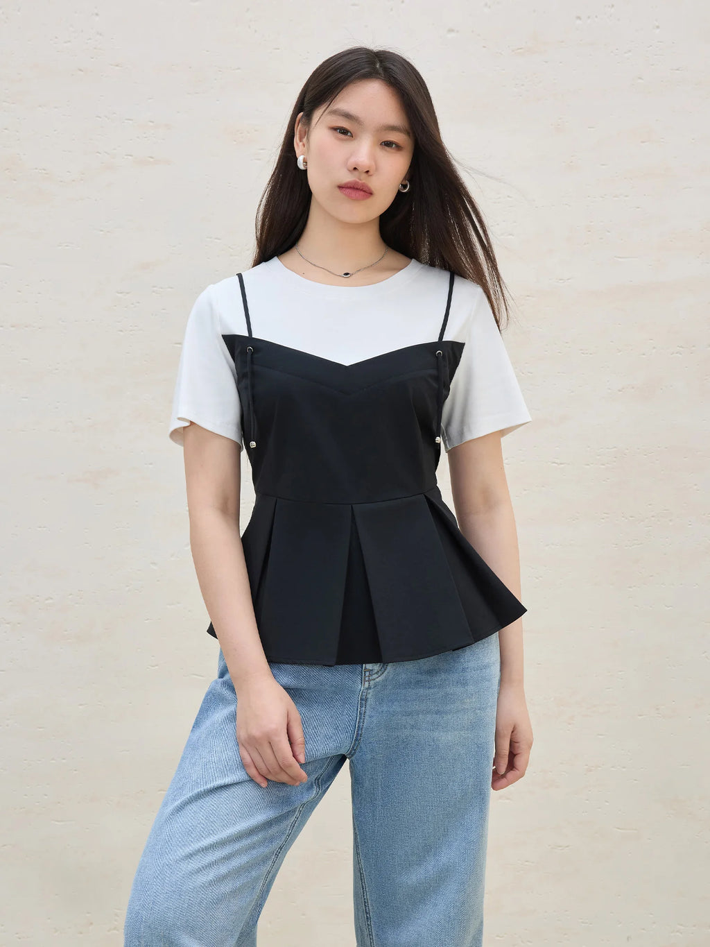 DUSHU Fake Two-piece Simple Commuter Strappy T-shirt For Women 2025 Summer New Arrival Fashionable All-match Tops 25DS82278