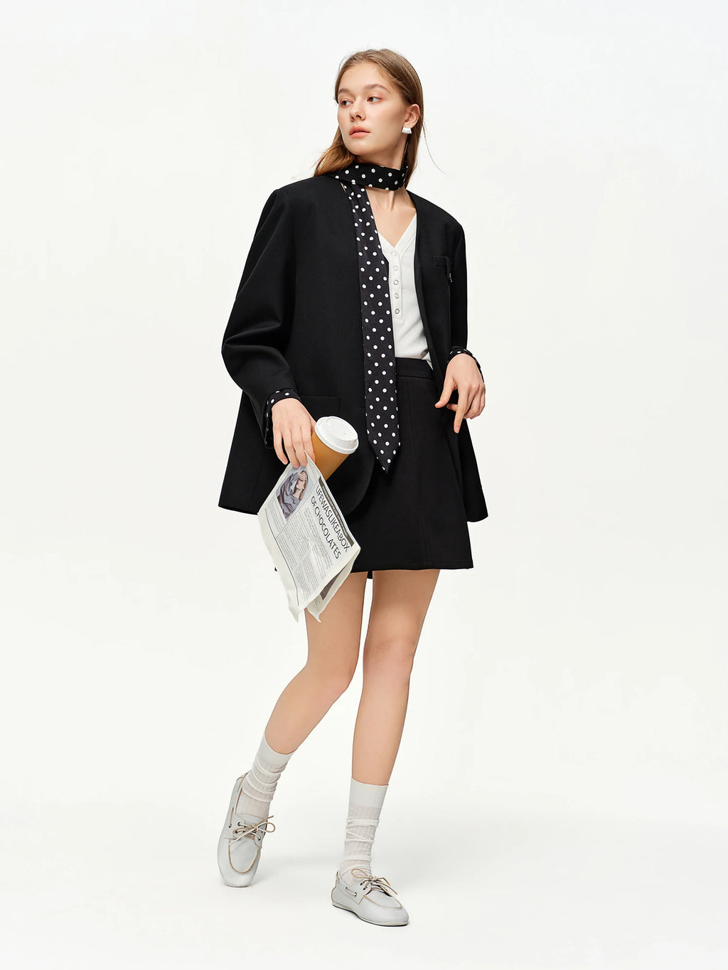 DUSHU 2025 Women's Black Polka Dot Blazer Spring New V-Neck Ribbon Bow Tie Long Sleeve Slim Jacket Retro Office Chic Outerwear