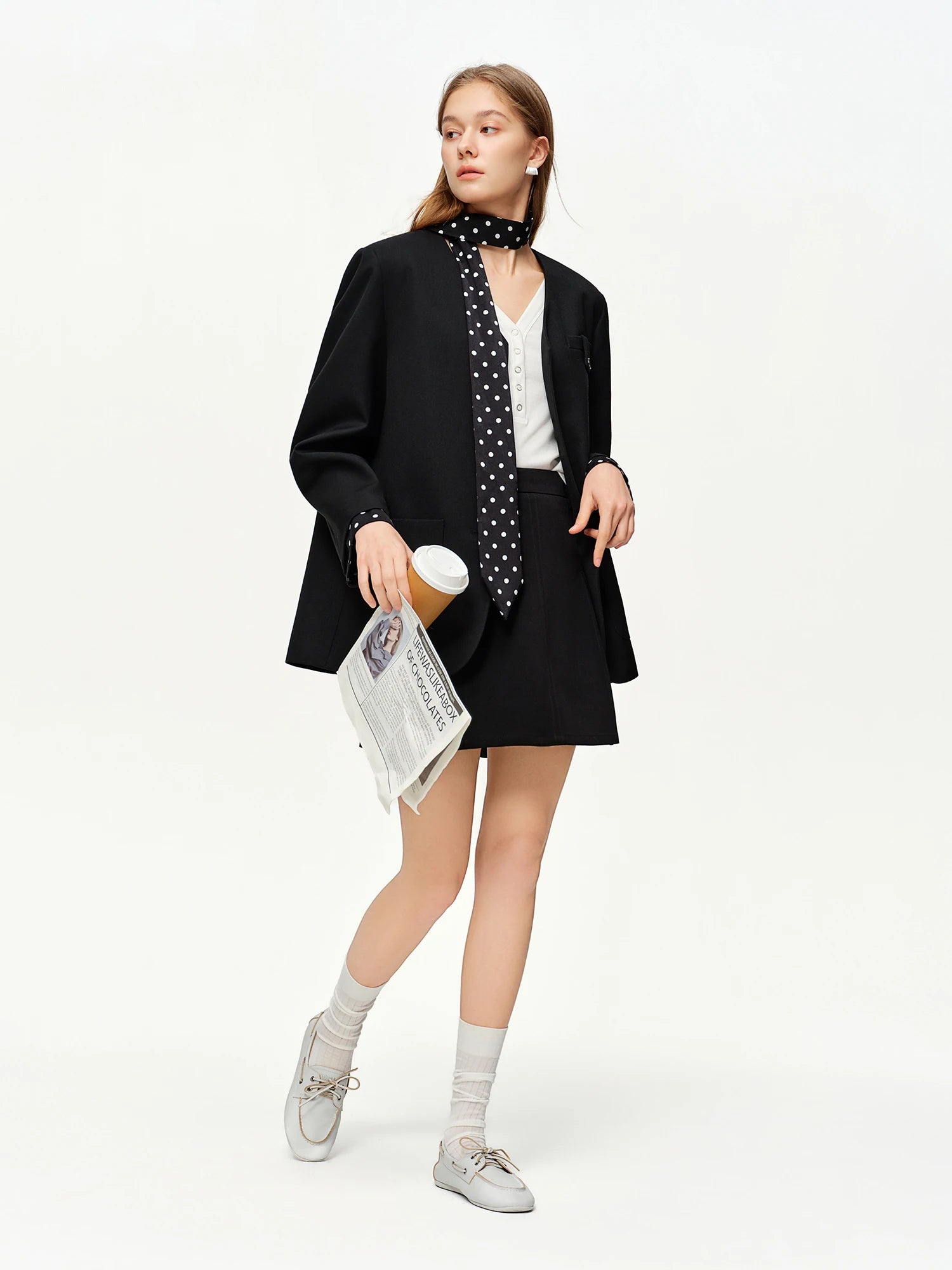 DUSHU 2025 Women's Black Polka Dot Blazer Spring New V-Neck Ribbon Bow Tie Long Sleeve Slim Jacket Retro Office Chic Outerwear