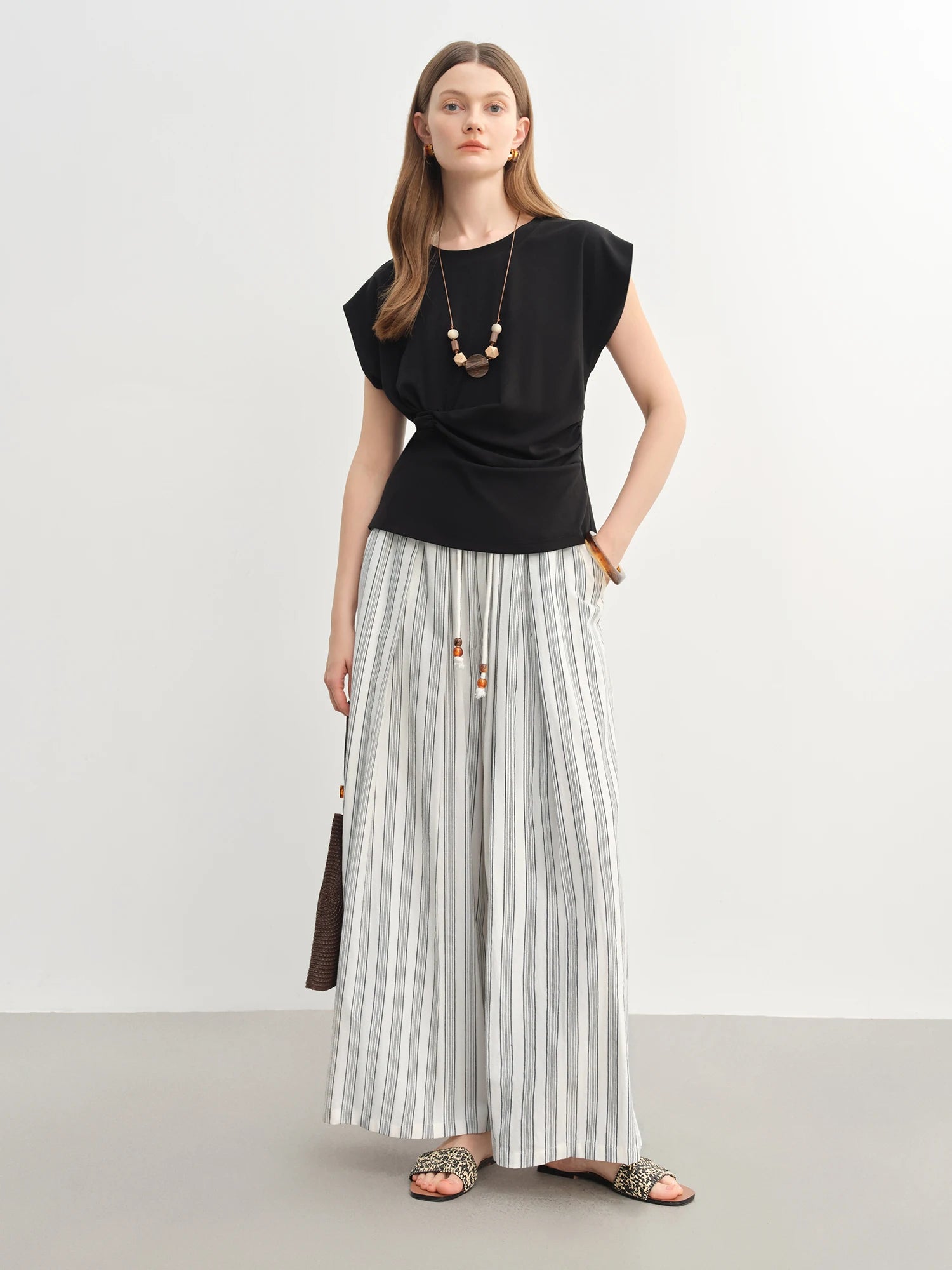 DUSHU Summer 2025 Women's Textured Cotton-Linen Wide Leg Pants - Minimalist Stripe Drawstring Waist Relaxed Fit for Resort