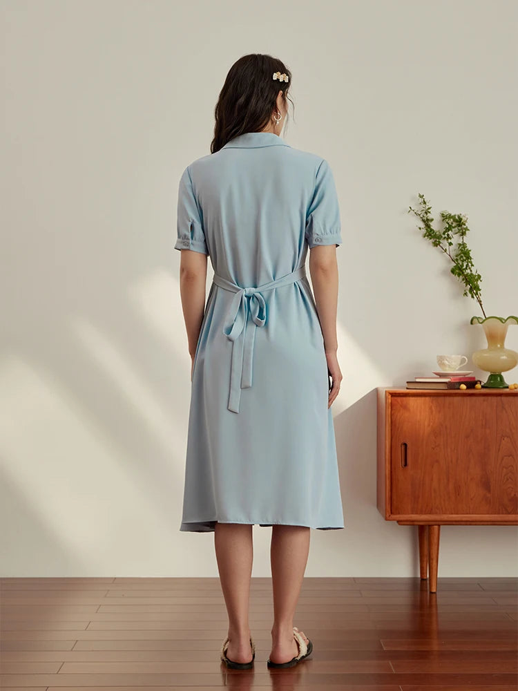 DUSHU Temperament Commuter Tie Waist Shirt Dress for Women Summer New Office Lady Necessary Solid Color Long Shirt Dress Female