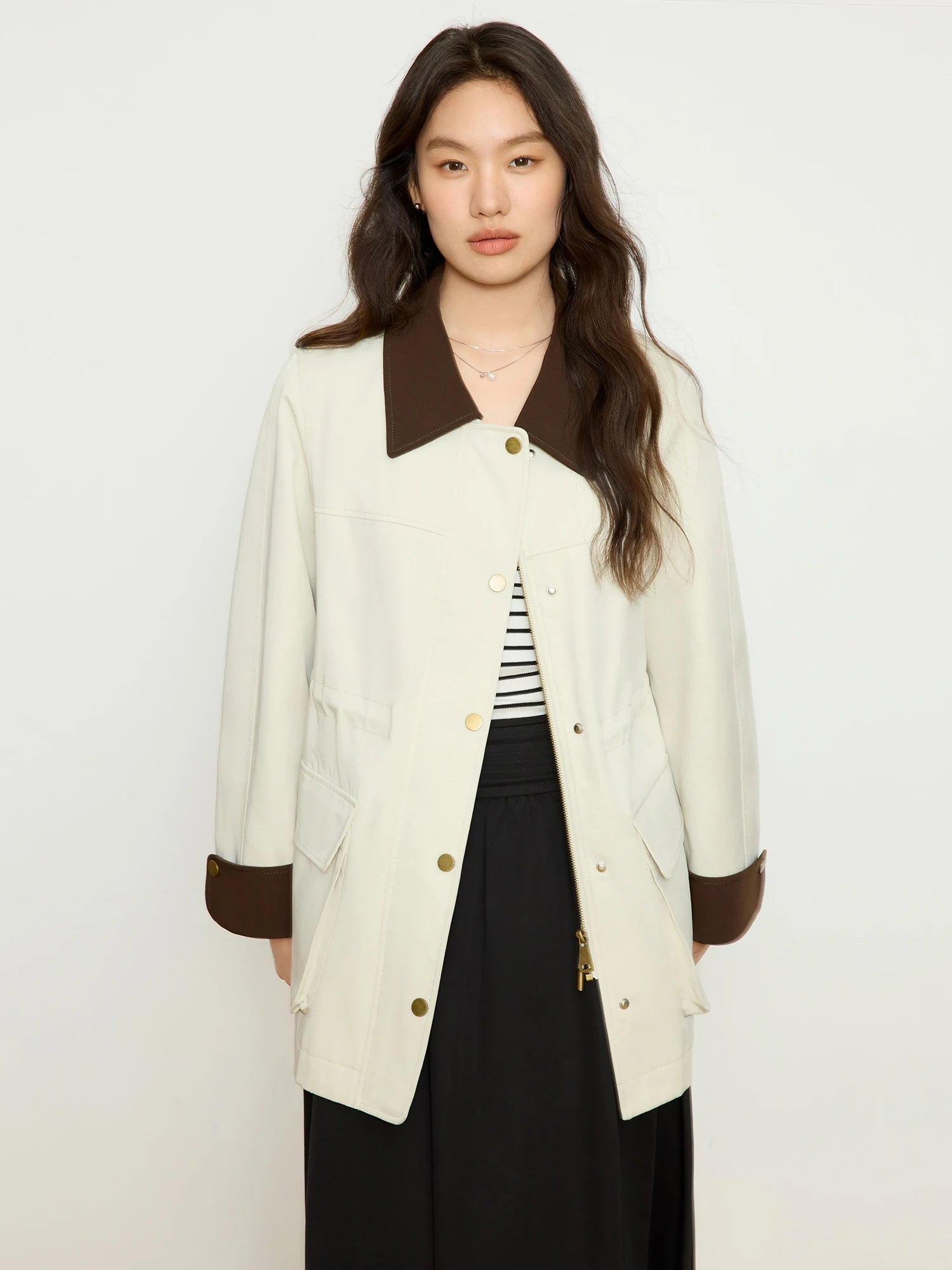 DUSHU Women Spring Casual Trench One Hand Length Turn-down Collar Trenches Drawstring Women Beige Grey Coats 25DS81201