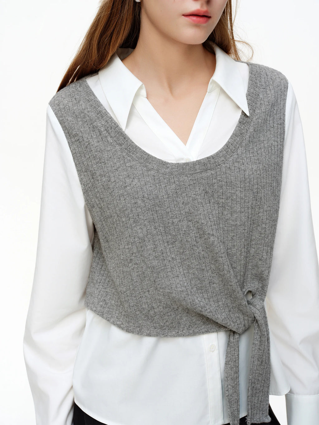 DUSHU Women's Fake Two-Piece Shirt Set 2026 Spring Slim Fit Office Gray Knit Vest Top White Blouses Casual Clean Fit