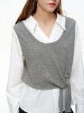 DUSHU Women's Fake Two-Piece Shirt Set 2026 Spring Slim Fit Office Gray Knit Vest Top White Blouses Casual Clean Fit