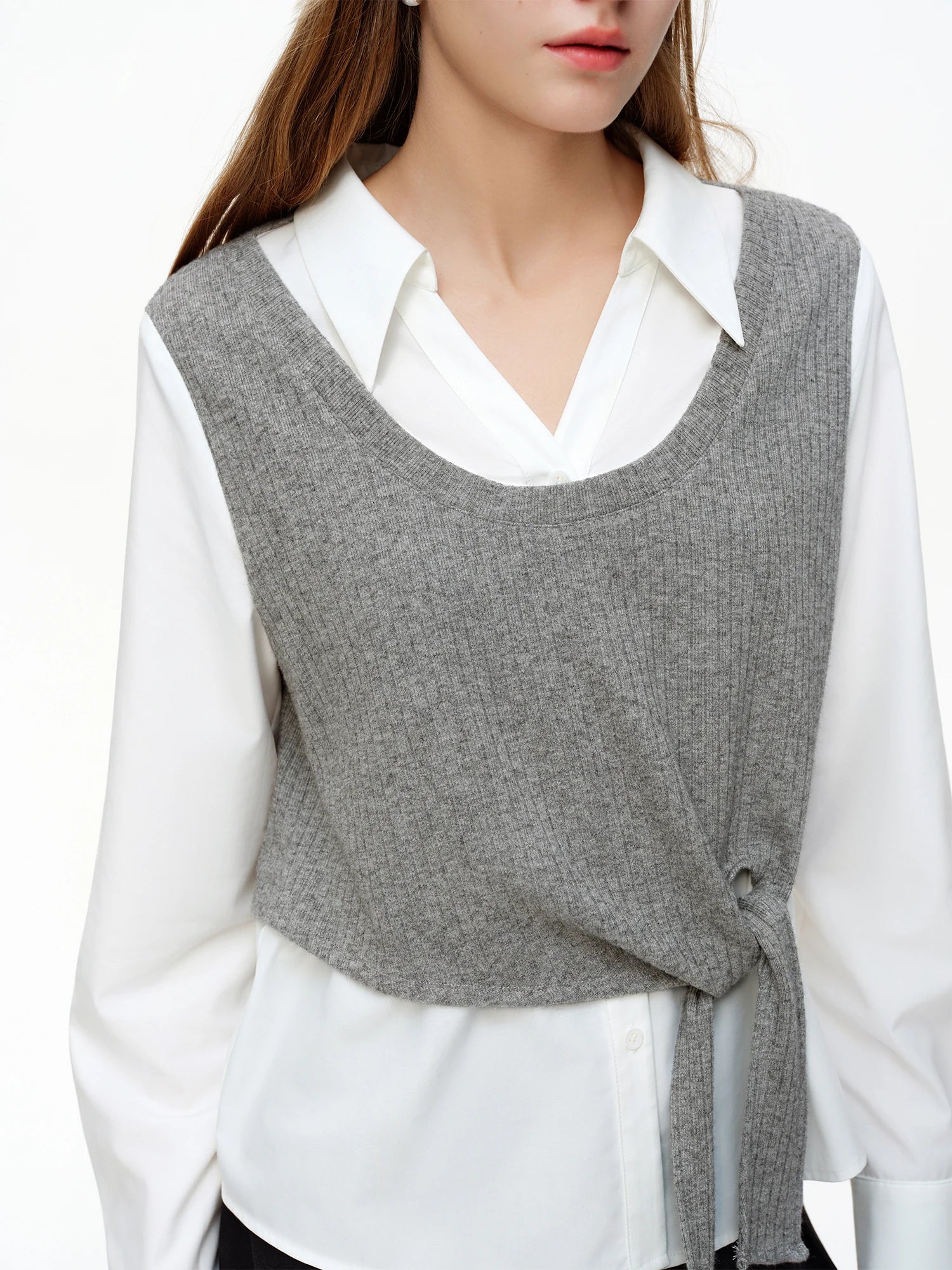 DUSHU Women's Fake Two-Piece Shirt Set 2026 Spring Slim Fit Office Gray Knit Vest Top White Blouses Casual Clean Fit